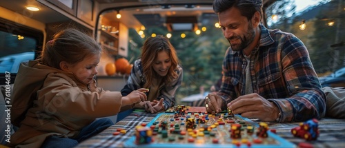 Close-up, family playing board games, camper van interior, evening, warm artificial light, engaged.