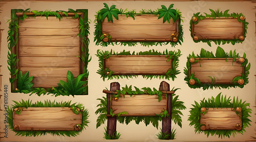 Set of jungle game UI elements - wood menu frame with green tropical leaves, round buttons and star rating level asset. Cartoon illustrator kit for adventure mobile game. generative.ai © Amara
