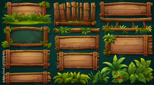 Set of jungle game UI elements - wood menu frame with green tropical leaves  round buttons and star rating level asset. Cartoon illustrator kit for adventure mobile game. generative.ai