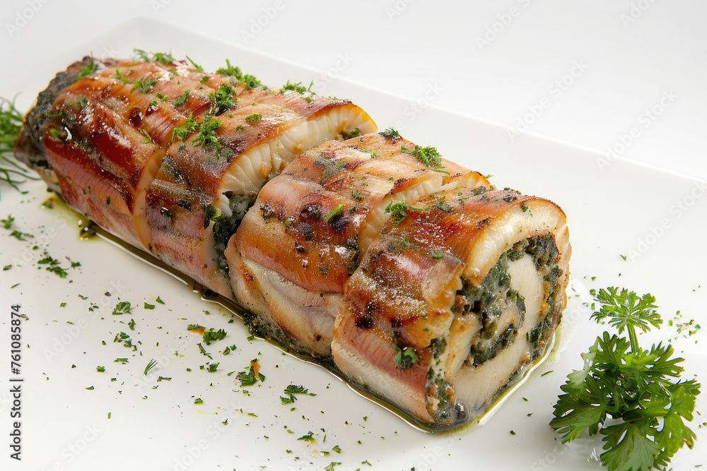 A delicious baked fish roulade, isolated on a white background