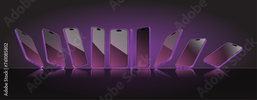Purple Smartphone mock-up in different angles collection. 3D perspective view violet mobile phone and cellphone mockup. Front, perspective side view template. Vector.