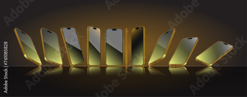 Golden Smartphone mock-up in different angles collection. 3D perspective view mobile phone and cellphone mockup. Front, perspective side view template. Vector.