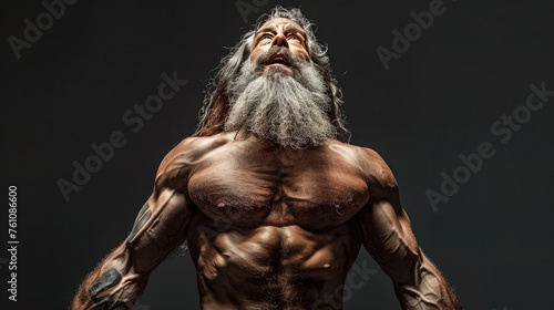 a lifelike photo a full-body picture of a long-bearded middle-aged very muscular man in gym clothes looking upwards in a panic