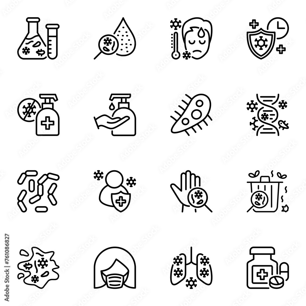 virus related vector line icons set. microbiology, biological, test, protect, sick, discovery, laboratory, research, stroke, illness, lined, prevention, hygiene, analysis, chemical, biology