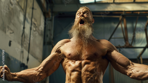 a lifelike photo a full-body picture of a long-bearded middle-aged very muscular man in gym clothes looking upwards in a panic