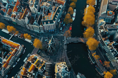 Famous architectural landmarks of Amsterdam captured from a drone