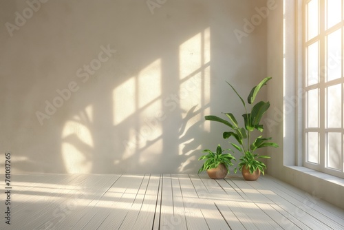White empty room with green home plants. Interior mockup. Generative AI