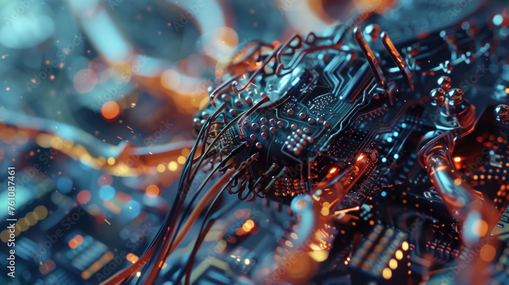 A close up of an intricate circuit board with small components and wires forming an experimental gadget that seems almost alien in nature. A close up of an intricate circuit board with small components and wires forming an experimental gadget that seems almost alien in nature.