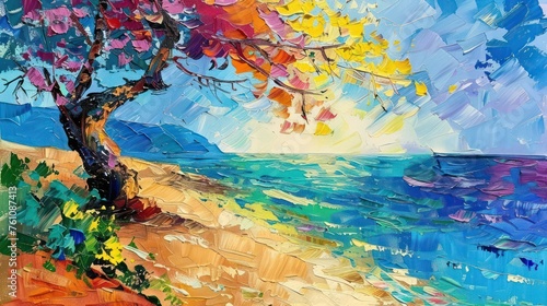 Oil on canvas with a palette knife creating a seascape with a vivid tree in foreground