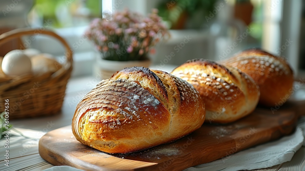 Freshly baked homemade bread on a table Freshly baked homemade bread on a table