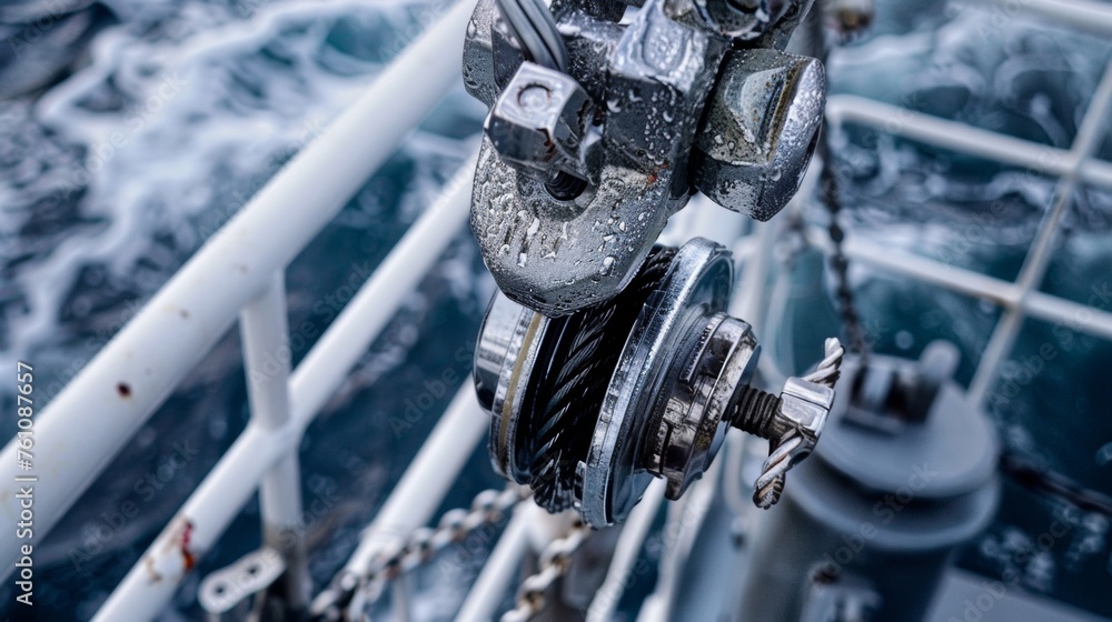 The image captures the complex pulley and winch system that is used to
