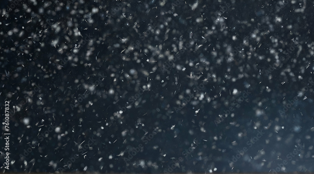 Animated realistic detailed very small snow flakes slowly falling densely against black background. Shallow depth of field. Mask included. generative.ai - obrazy, fototapety, plakaty 