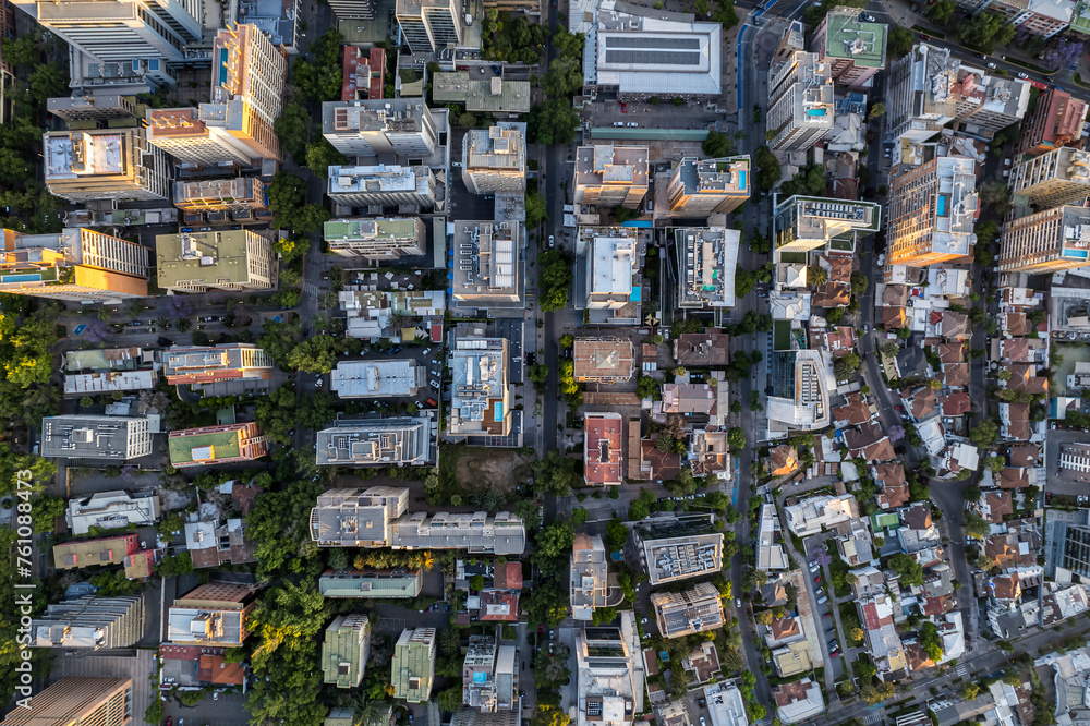 Beautiful aerial view of the Plaza de Armas, Metropolitan Cathedral of Santiago de Chile, National History Museum of Chile, Mopocho river t and the city of Santiago de  Chile