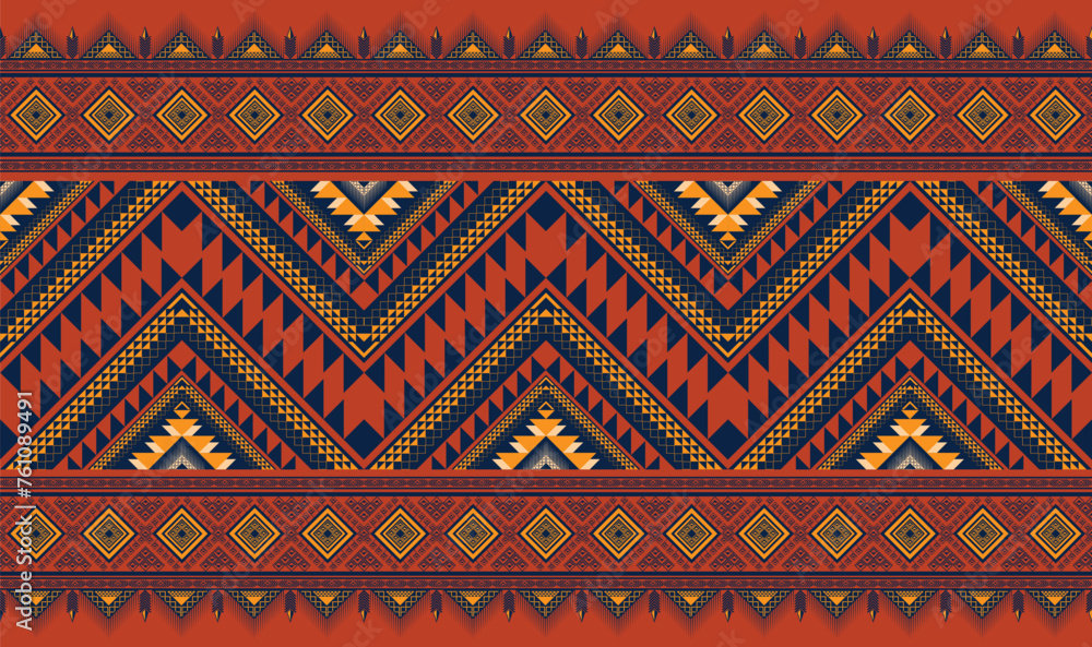 Ethnic pattern.Triangle shape on Red background.Geometric shape.Blue pattern.Zigzag pattern.Seamless.Square shape.DIgital design.Illustration.Line.Design for skirt.Clothes.Carpet.Printing. Knitting