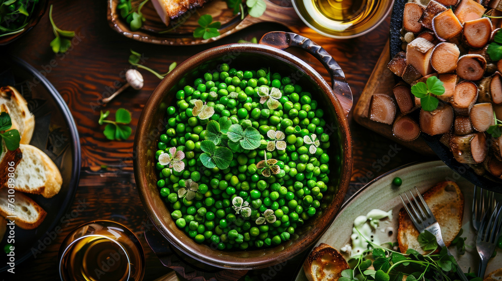 A bowl of bright green peas symbolizing the color of Irelands lush landscapes p a a spread of traditional Irish fare at a St. Patricks Day feast.