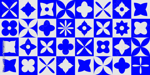 Seamless abstract flower shape pattern. Bold Swiss mosaic block forms in repeating background. Blue and grey graphic design floral elements for poster, cover, presentation, print, banner. Vector