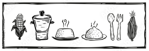 Moroccan couscous, food made from corn. Vector illustration in woodcut style.