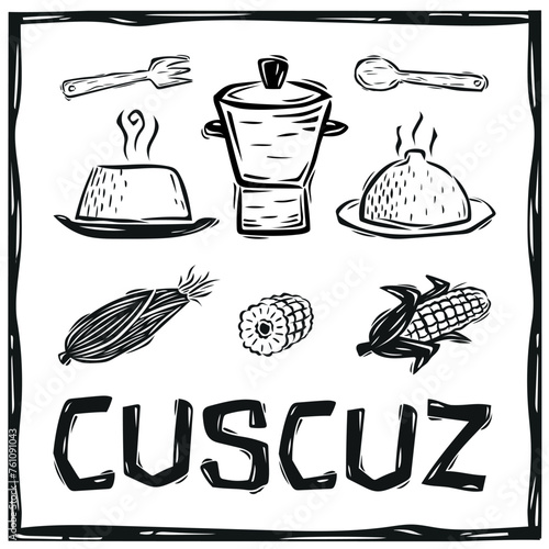 Couscuz, country food made with corn in the Brazilian countryside. Vector illustration in woodcut style in cordel style..eps
