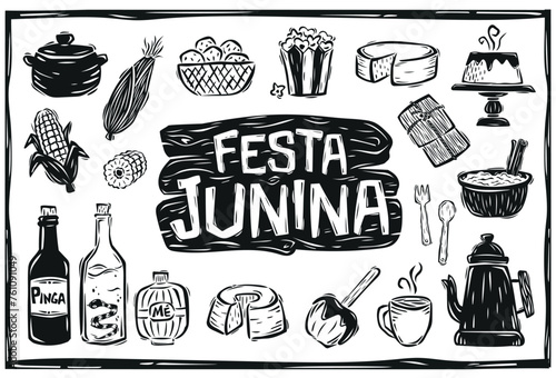 Festa Junina foods. popcorn, cake, drip, corn, hominy, tamale, coffee, cheese and sweet apple. Cordel style woodcut.eps photo