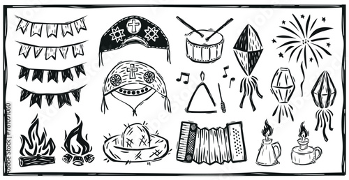 Elements of S?o Jo?o drawn in the northeastern cordel style. Flags, accordion, balloon, lamp, hats, bonfire and fireworks..eps