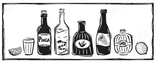 Typical Brazilian drinks. Drip, wine, caipirinha, burning water. Drawn in the northeastern cordel woodcut style.