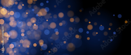 Blurred gold bokeh on blue background. Golden blurred effect wallpaper. Abstract shiny glitter, sparks, dust, sparkles. Glowing navy backdrop for Christmas, New Year or birthday card, banner. Vector