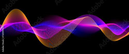Neon flowing wavy lines on black background. Abstract sound wave design for ai concept, equalizer, audio record, voice assistant. Blue, pink orange gradient curve stripes. Vector wallpaper 