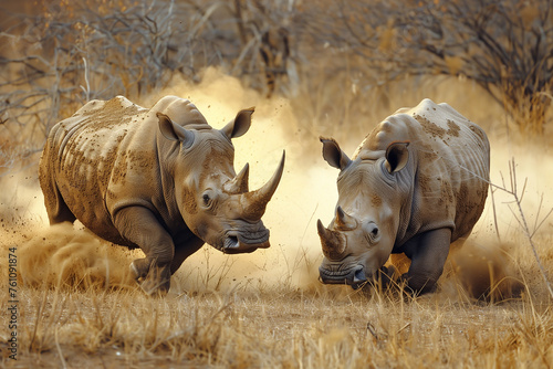 Two rhinoceros fighting in safari