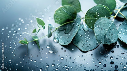 Dew-kissed eucalyptus leaves spread on a dark surface, reflecting a fresh and clean botanical aesthetic.