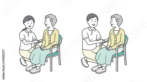 椅子に座る高齢女性と介助ををする介護士イラストセット
