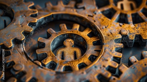 A series of interconnected gears with peoples silhouettes inside representing the interconnectedness and interdependence of individuals within a network or collaboration.