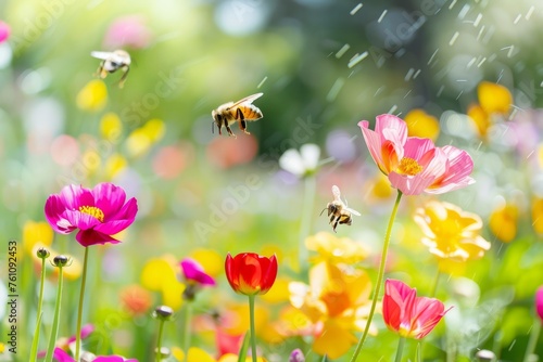 Wander through a peaceful garden blooming with colorful flowers and buzzing bees with a nature background, evoking a sense of serenity and joy, Generative AI © ManusiaIkan