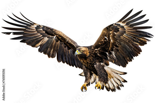 A majestic Golden Eagle in flight against a pure white backdrop