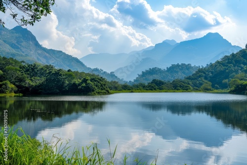 Unwind amidst the tranquil setting of a serene lake surrounded by majestic mountains with a nature background, reflecting the calmness of the natural world, Generative AI © Formatikastd