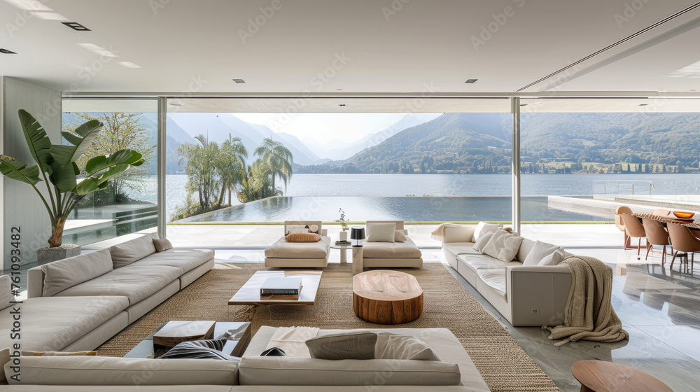 Serene living room with glass walls overlooking a tranquil lake, furnished with minimalist furniture and a soft color palette