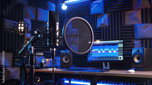 a professional podcast recording setup in a modern studio featuring a high-quality microphone on a sleek stand