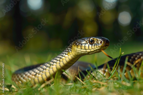 A portrait of a grass snake in a natural setting