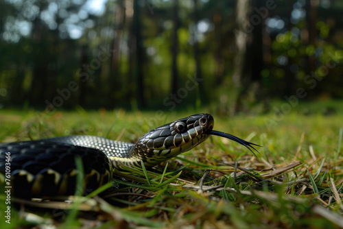 A portrait of a grass snake in a natural setting