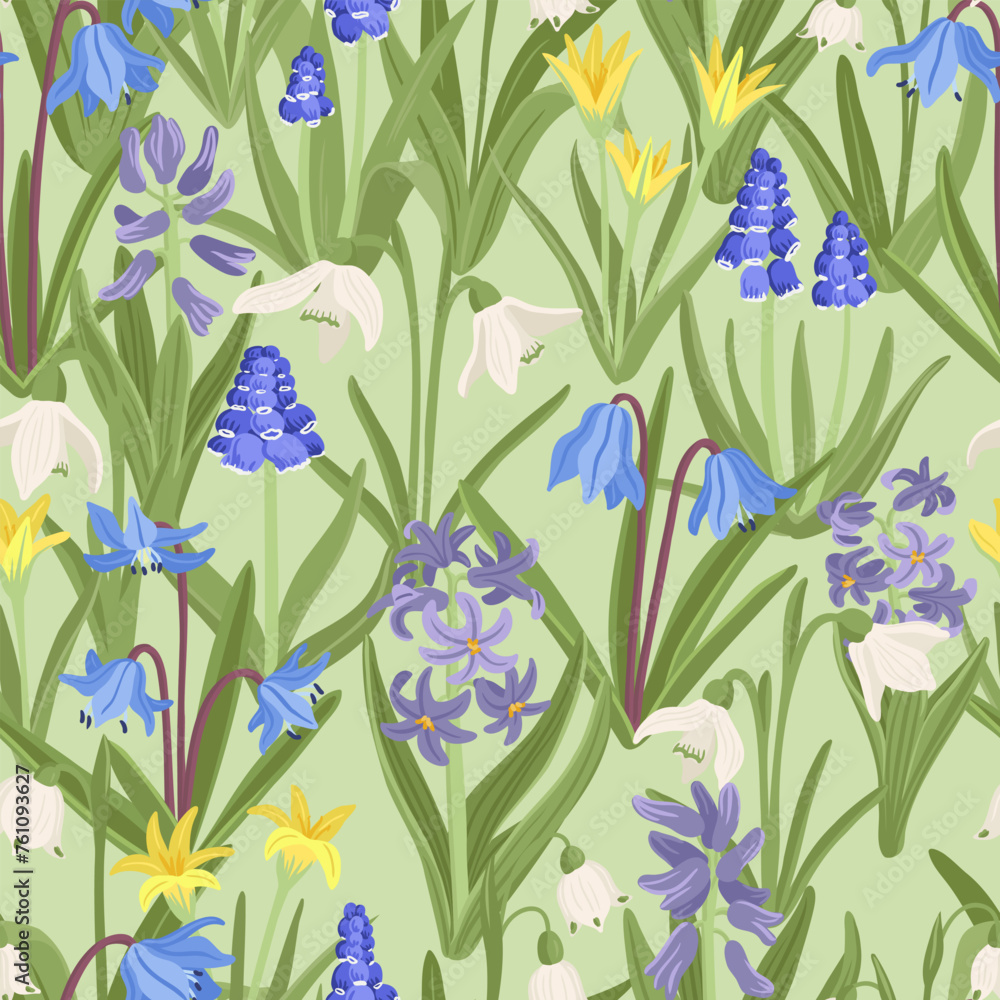 seamless pattern with spring flowers, vector drawing wild plants at green background, floral ornament, hand drawn botanical illustration seamless pattern with spring flowers, vector drawing wild plants at green background, floral ornament, hand drawn botanical illustration