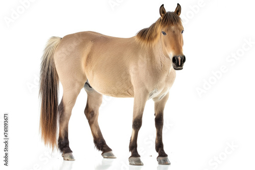 A portrait of a Przewalski's horse in a studio setting, isolated on a white background