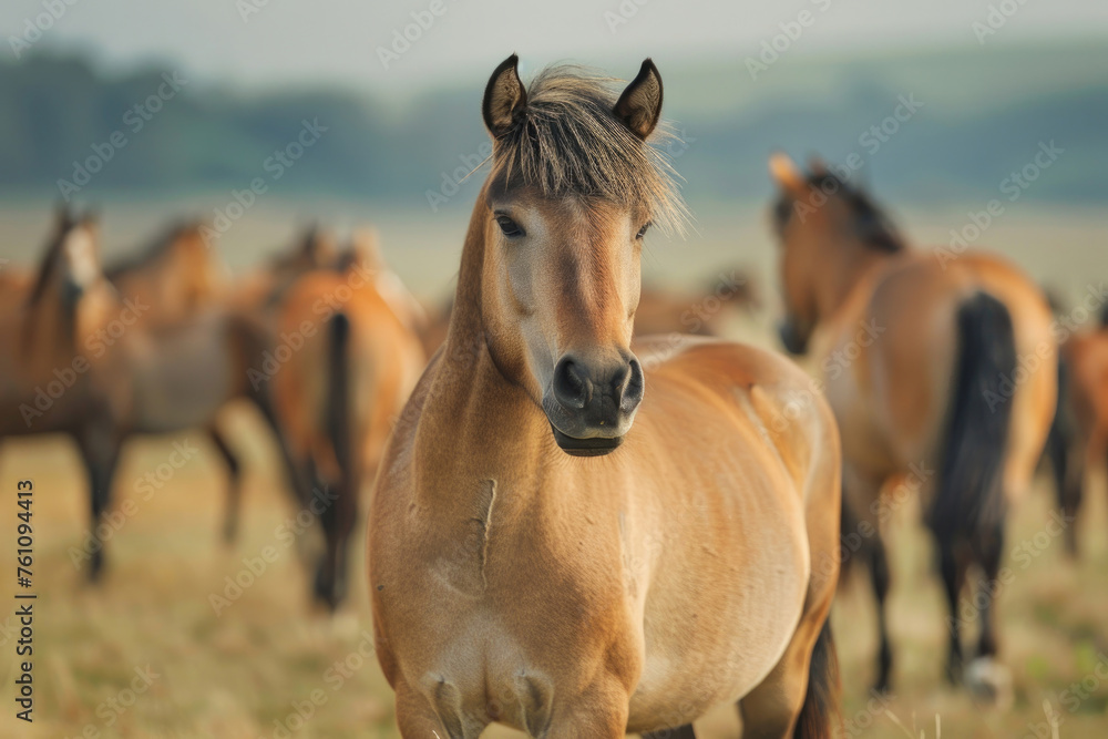 A portrait of a short-legged Przewalski's horse in a natural setting