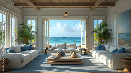 Beach house living room - white furniture - light blue and brown accents - water themed artwork - meticulous symmetry - perfectly centered composition - ocean - vacation home - getaway - holiday  photo