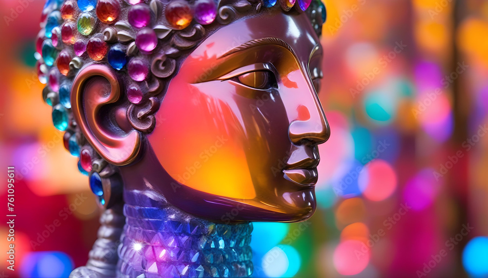 A crystal statue with a colorful bokeh background