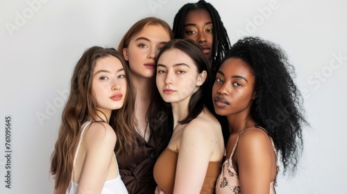 Group of young women from different cultures on a white background