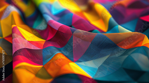 In image a fabric sample showcases the use of digital printing techniques to create a vibrant and complex geometric design. The colors blend seamlessly giving the fabric