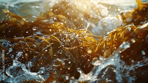 A droplet of saler clings to a bed of seaweed caught in a ray of warm sunlight filtering through the surface. The details of each individual strand and bubble are brought