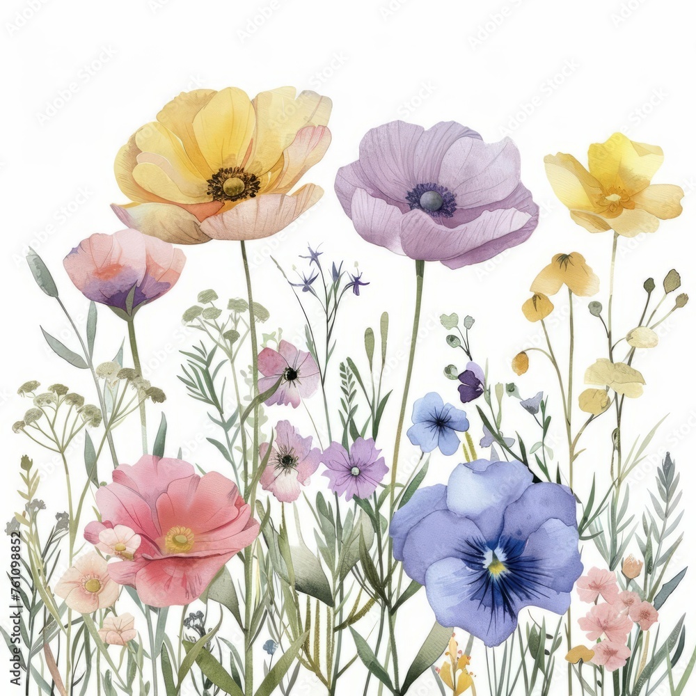 Fototapeta premium watercolor pink, yellow, purple, pale blue meadow botanical banner clipart isolated on white background