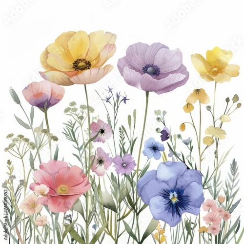 watercolor pink, yellow, purple, pale blue meadow botanical banner clipart isolated on white background © Chananporn