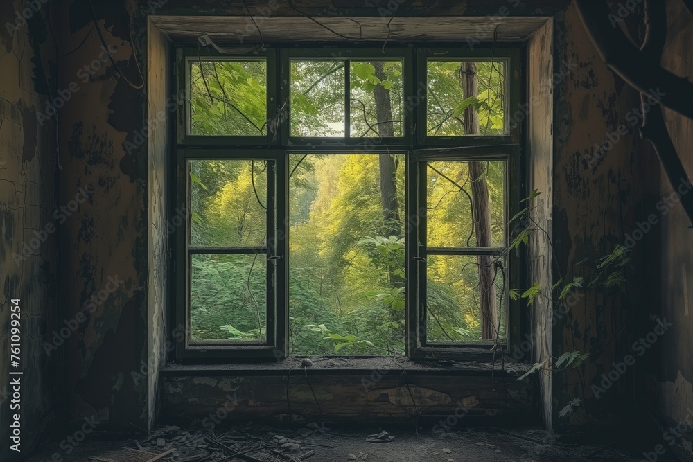A large window in a ruined, peeling house A large window in a ruined, peeling house