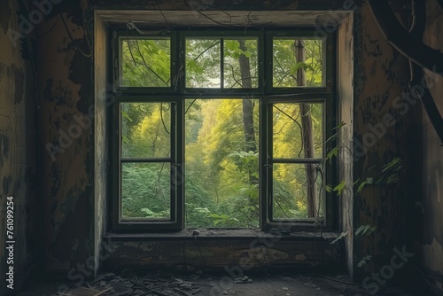 A large window in a ruined  peeling house